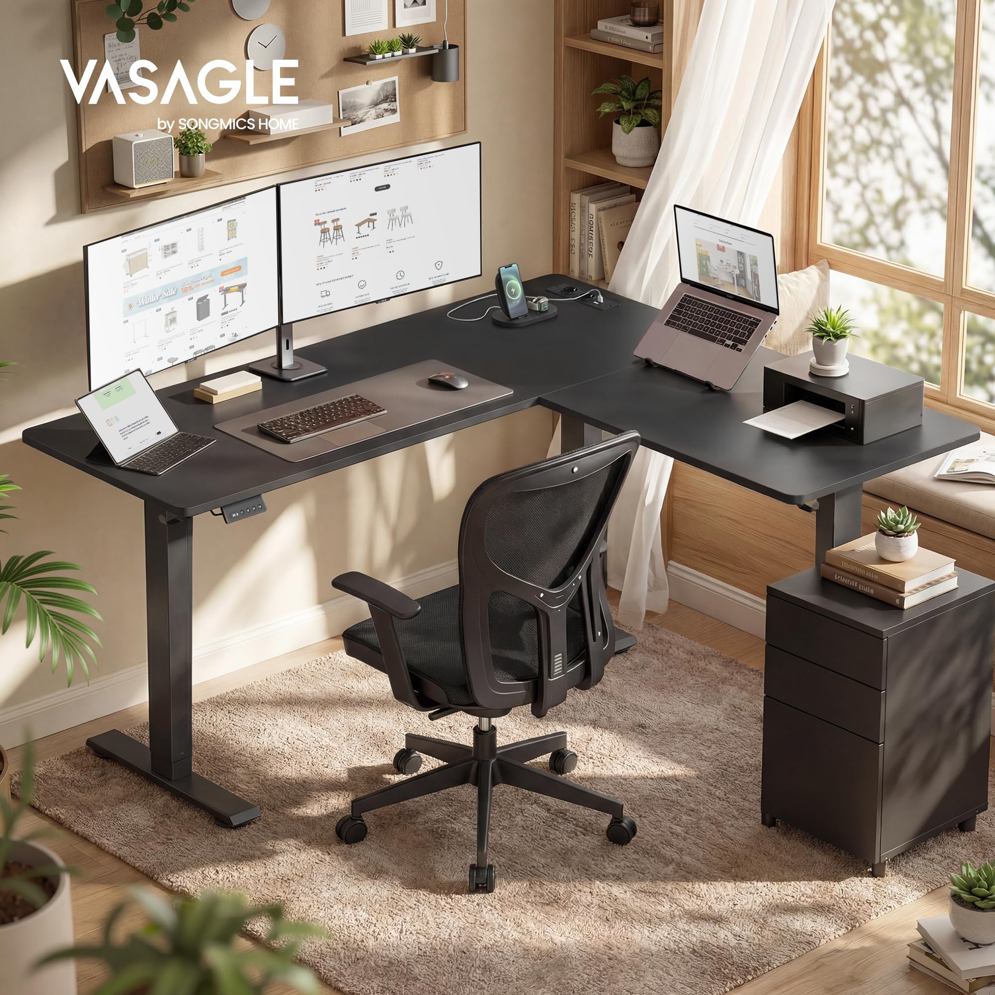 VASAGLE Scrivania Regolabile in Altezza, 160 x 140 cm, Scrivania Angolare a L, Standing Desk, 2 Prese AC, 2 Porte USB-A, Ripiano per Ciabatta, per Ufficio, Nero Inchiostro LSD264BZ01