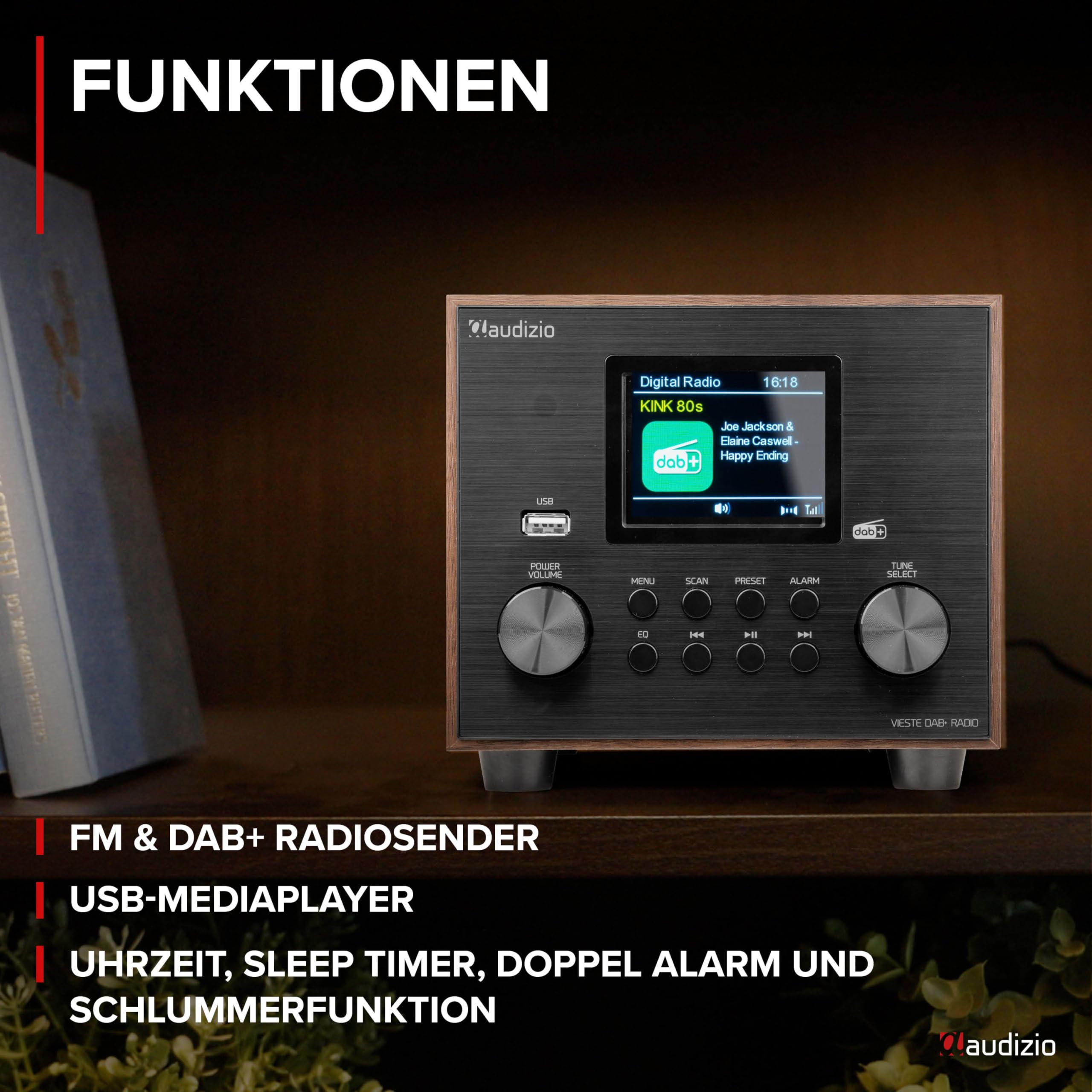 Audizio Vieste - DAB Radio mit Bluetooth, 60 Watt Lautsprecher, DAB Plus Radio mit USB Anschluss, FM & UKW, Weckerfunktion, 20 Speicherplätze, Auto-Suchlauf, Holz Braun
