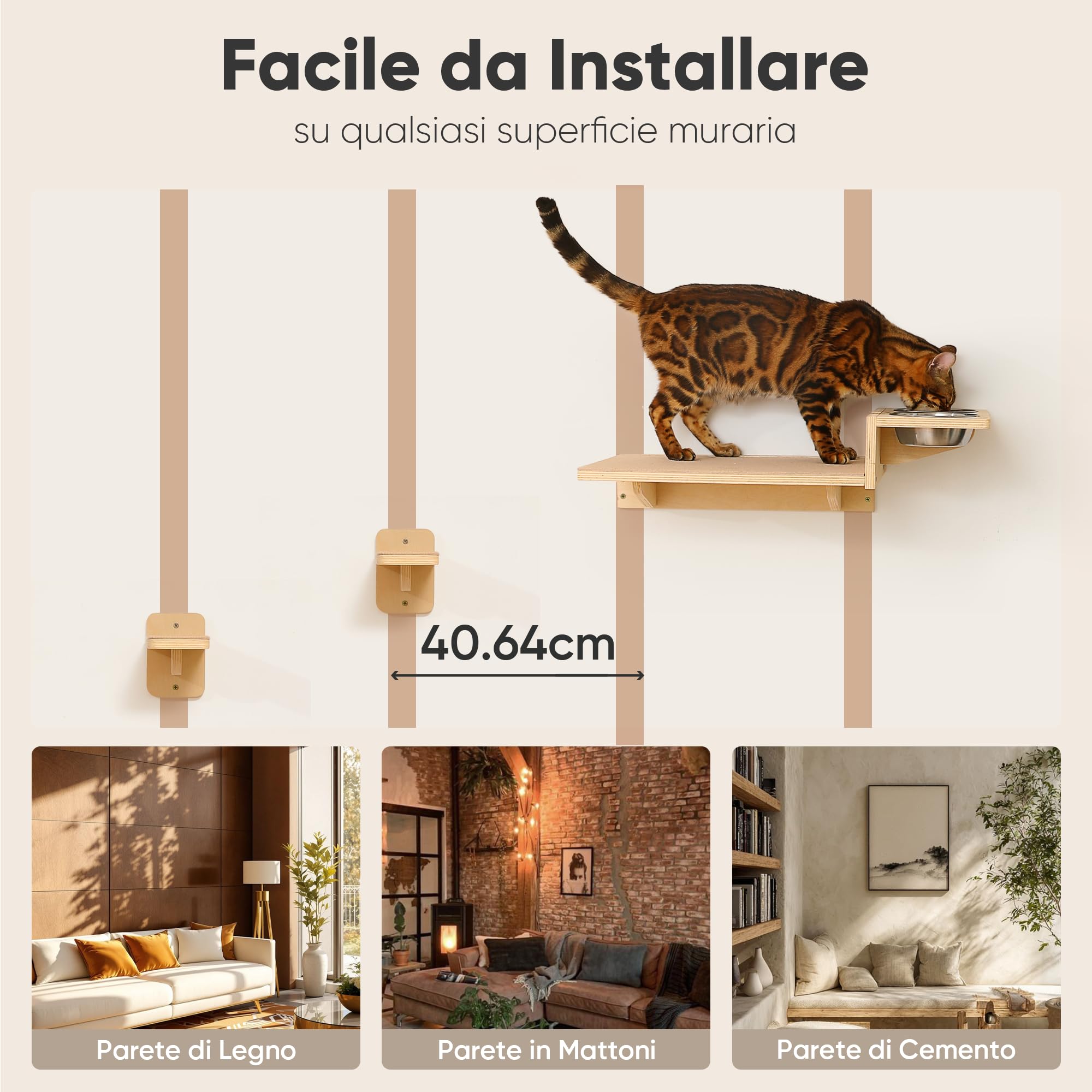 FUKUMARU Mensole per Gatti a Parete 3 in 1, Set con Stazione Alimentare e 2 Gradini, Mensola in Legno Massello, Spazio Risparmiato, Sicuro e Resistente, Adatto per Gioco e Riposo.
