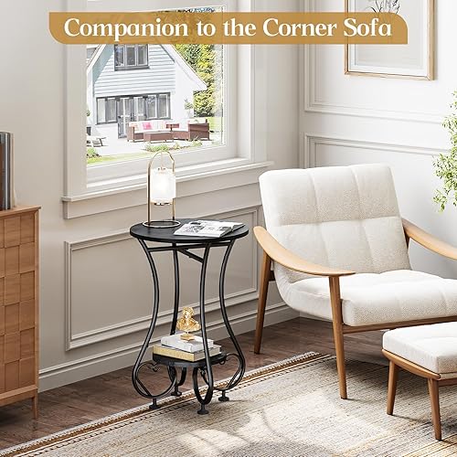 Miniatura 3 de X-cosrack Mesa auxiliar redonda pequeña, mesa auxiliar redonda para espacios pequeños, mesita de noche de metal negro con pies ajustables, mesa de