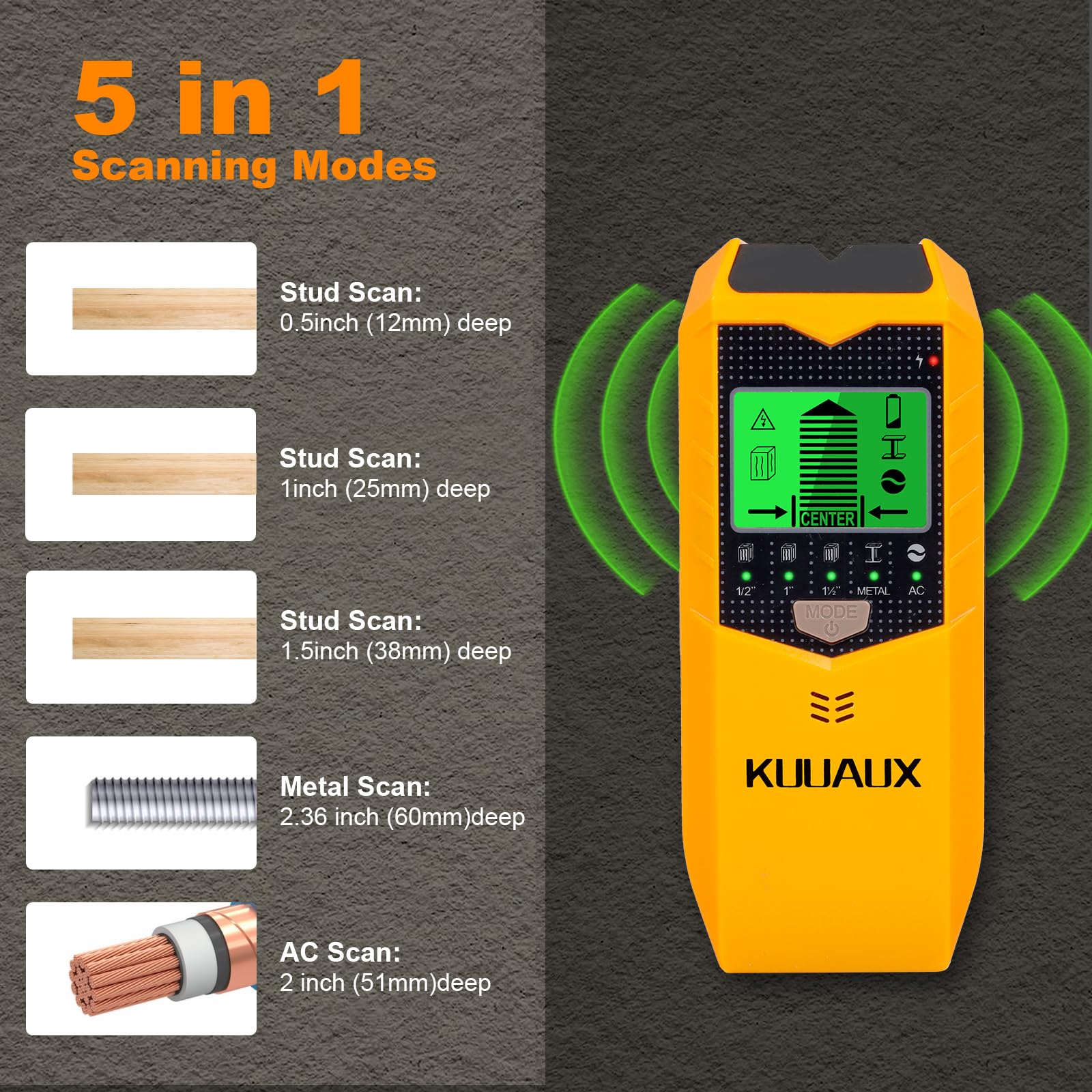 Escáner de pared, detector de pernos 5 en 1 con chip de microprocesador inteligente y pantalla LCD HD, buscadores de haz para centro y borde de madera, cable de CA, viga, metal y tubería,