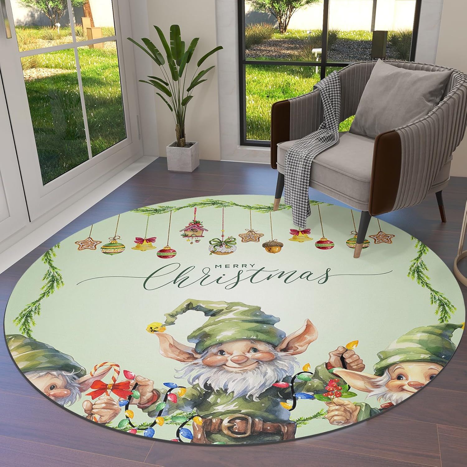 Christmas Gnomes Round Area Rug 5ft,Washable Outdoor Indoor Carpet Runner Rug for Bedroom,Kitchen,Bathroom,Living/Dining/Laundry Room,Office,Area+Rug Large Bath Door Mat Green Forest Pine Leaves Cone