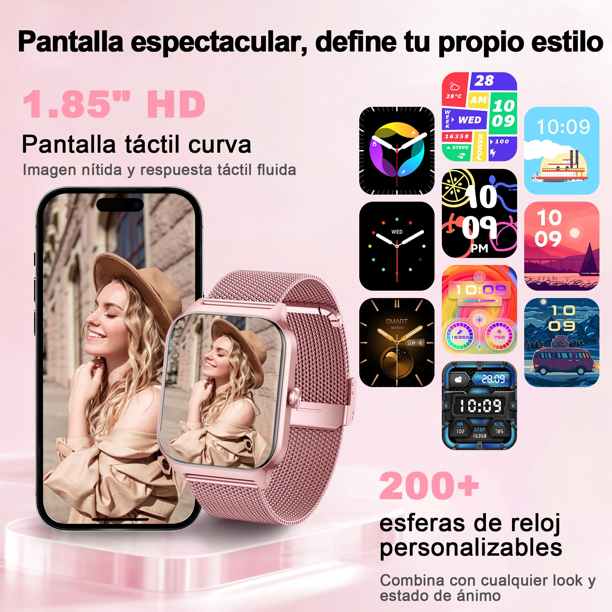 LODIMEKE Reloj Inteligente Mujer Hombre con Llamadas Bluetooth y Whatsapp, 1.85” Smartwatch Mujer con Presión Arterial, Frecuencia Cardíaca, Sueño, SpO2, 120+ Deportes, IP68 Regalo para Android iOS