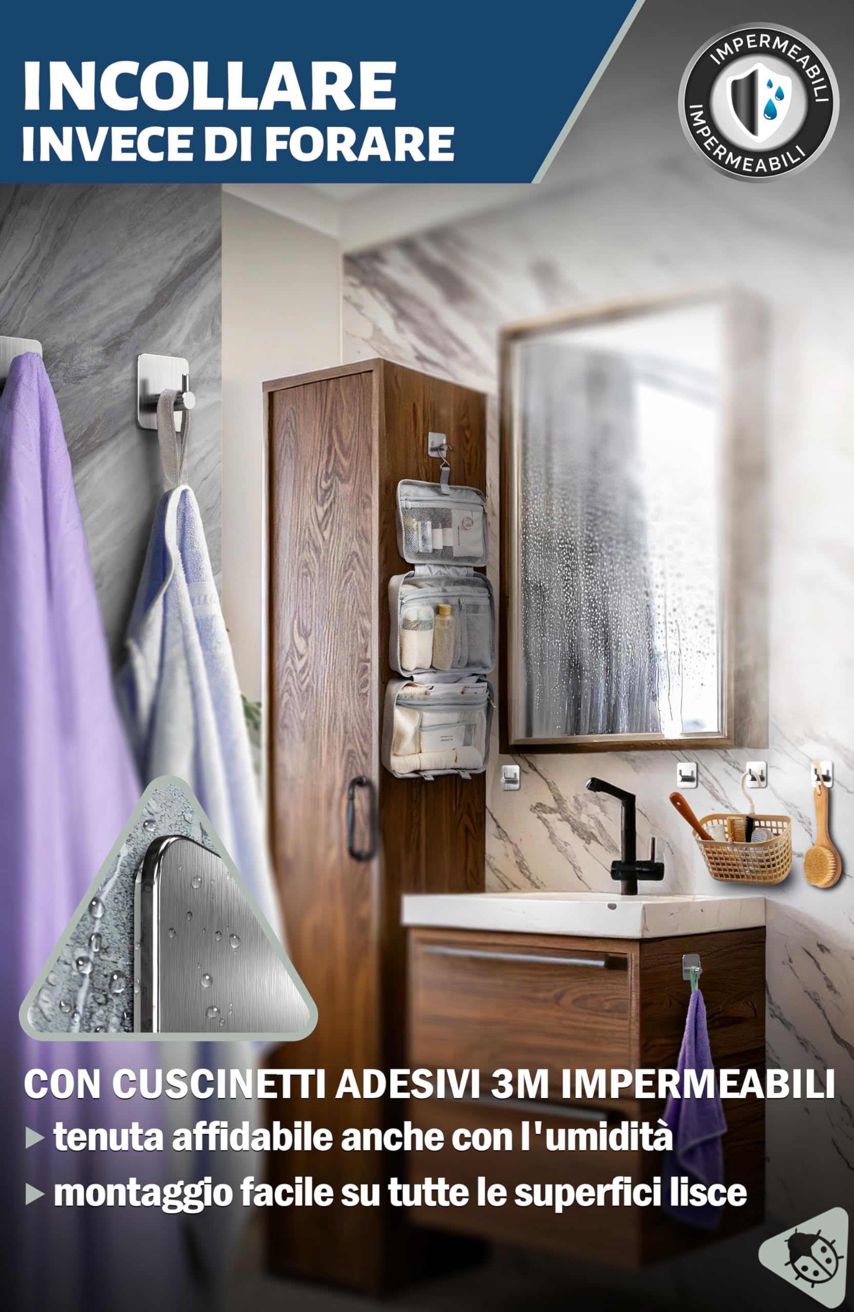 Menz Ganci Adesivi Bagno, Set di 4 - Adesivi Acciaio Inox di Alta Qualità, Appendi Porta Asciugamani Robusti, Appendi Accappatoio Bagno, Impermeabili per Cucina e Pareti, Argento