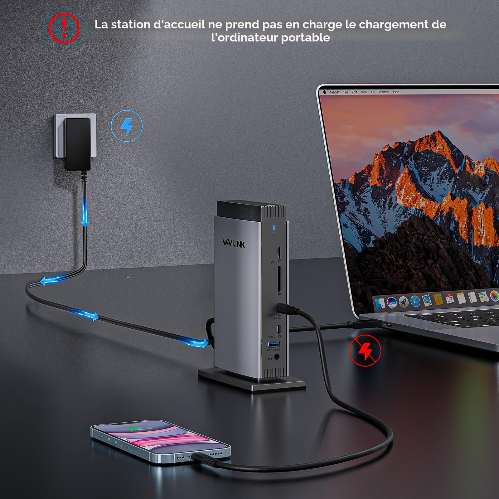 WAVLINK Docking Station USB C pour Ordinateur Portable avec 3 HDMI, DisplayLink Triple 4K60Hz, pour M1~M5 Mac/Windows, 5*USB, 2DP Compatible avec MacBook Neo(Pas de Chargement d'ordinateur Portable)