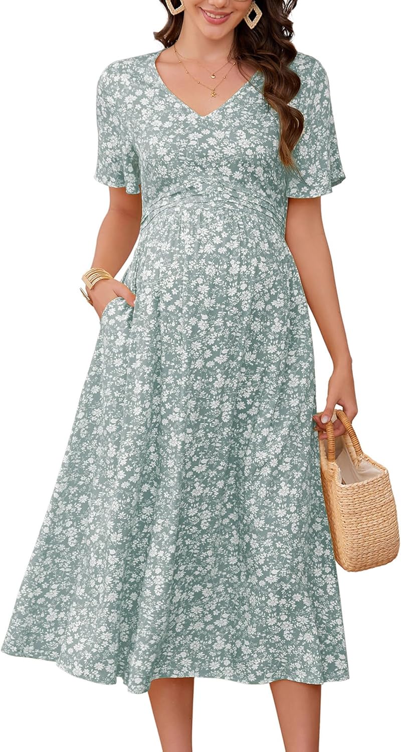 KOJOOIN Maternity V Neck Dress Ruffle Short Sleeve Summer A Line Midi Dress Baby Shower Photoshoot