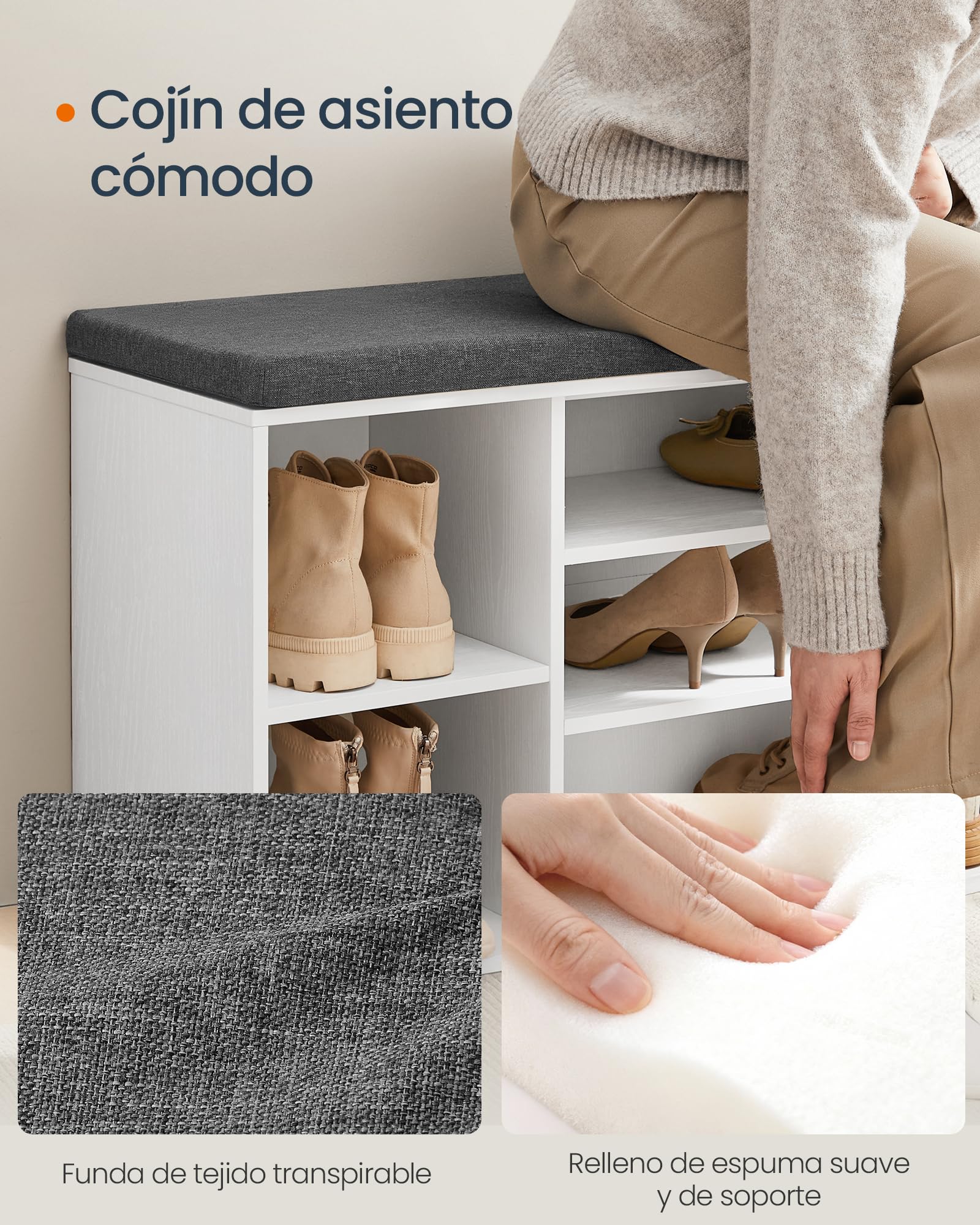 SONGMICS HOME Banco Zapatero, Snapsemble Montaje Súper Rápido, Banco con Almacenaje, Compartimentos Abiertos, Estantes Ajustables, Mueble para Zapatos, Blanco Nieve y Gris Pizarra LHS391WE01