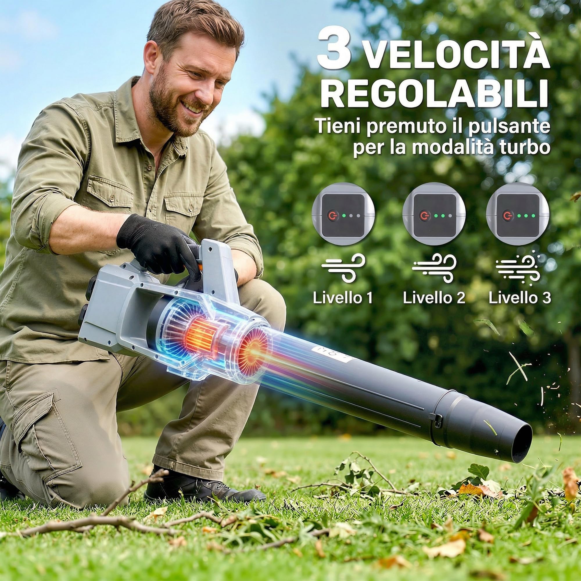 Outsunny Soffiatore a Batteria 36V, Soffiatore Foglie con 2 Batteria 4Ah, Motore Brushless 1000W, 3 Livelli Velocità 270 km/h, Turbo Boost, Caricabatterie, Leggero, per Giardino Foglie Neve Polvere