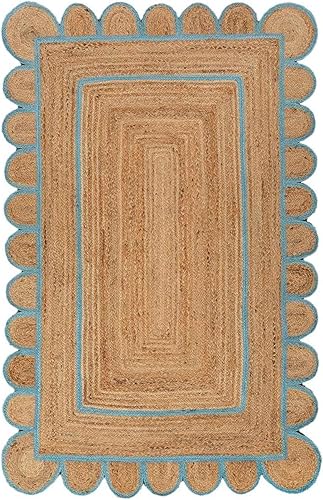 Miniatura 1 de Alfombra de yute festoneado natural, estilo bohemio, festoneado, decoración bohemia tejida a mano, alfombra decorativa, base natural, alfombra