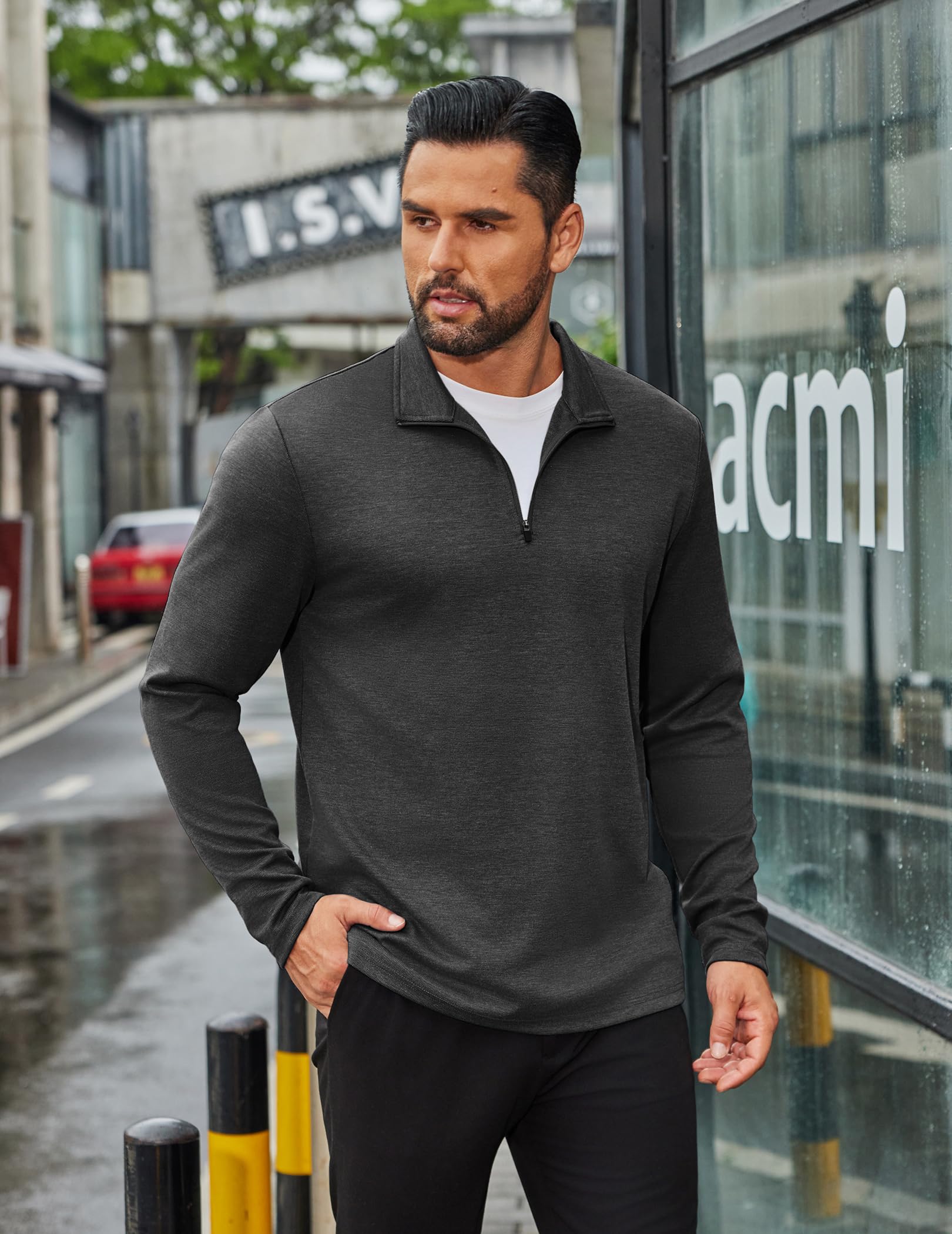COOFANDY Pullover da uomo con cerniera a un quarto a maniche lunghe, collo alto, polo da golf