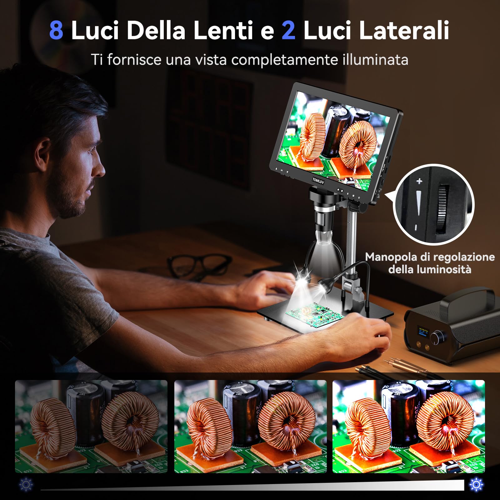 TOMLOV DM9 Max Microscopio Digitale da 10,1 Pollici, 20MP Lente d'ingrandimento per Monete/Saldatura con Schermo IPS HD, Regalo per Adulti, con 10 Luci LED Regolabili, Compatibile PC/TV