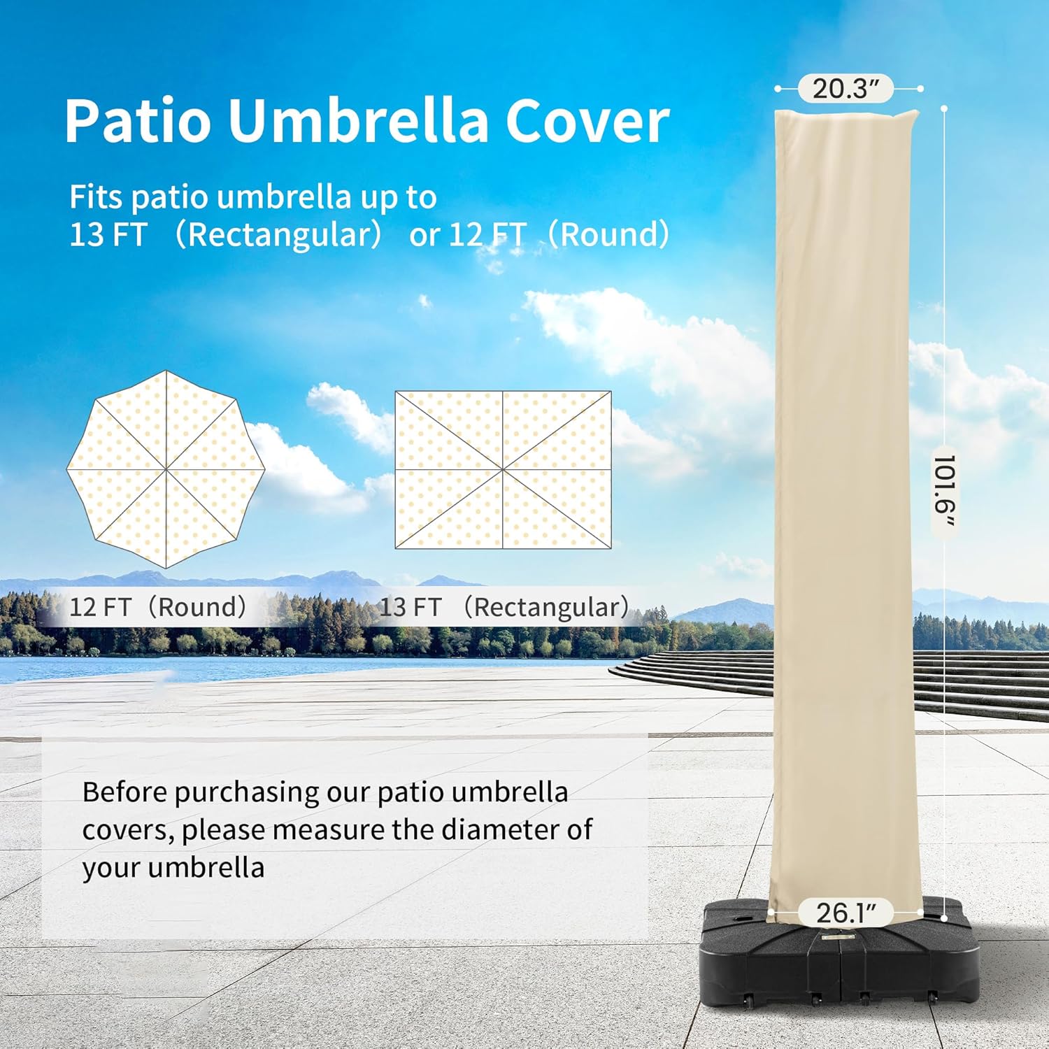 Patio Umbrella Cover, Water Resistant Replacement Covers with Zipper and Rod Fit 9-13 Ft Outdoor Cantilever Umbrellas, Beige - Image 3