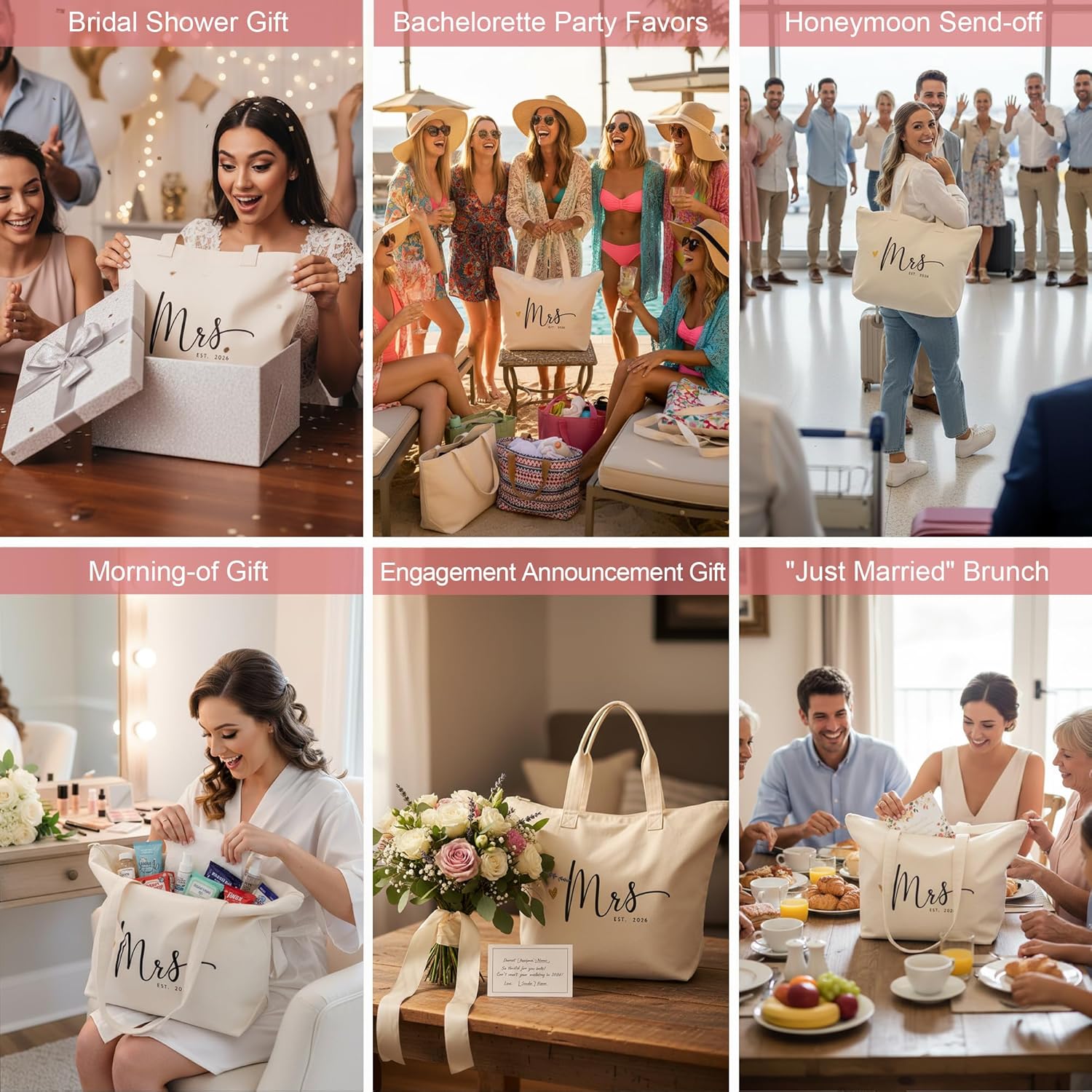 CARAKNOTS Mrs. Bag 2026 Future Mrs Bride Gifts for Wedding Engagement Bachelorette Party Honeymoon Bridal Shower Gifts for Bride to Be Tote Canvas Cotton Beach Shoulder Bag with Zipper and Pocket - Image 6