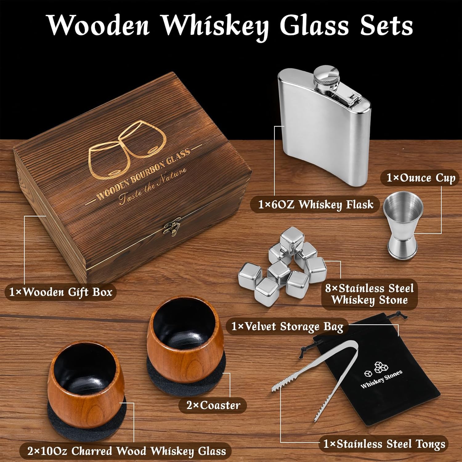 Charred Wooden Bourbon Whiskey Glass Set, 10oz Old Fashioned Cocktail Glasses, Perfect Bourbon Gifts for Men - Ideal for Birthday, Father’s Day, Retirement & Anniversary