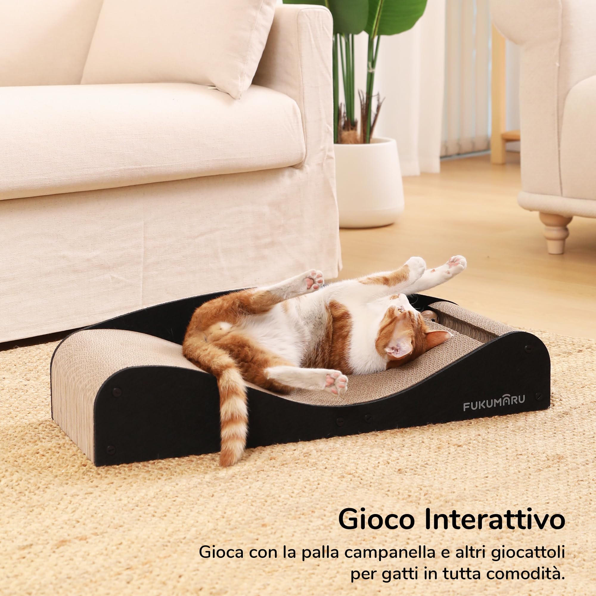 FUKUMARU Lettino Tiragraffi per Gatti in Cartone, Cuccia Tiragraffi Extra Lungo 74 cm, Divano per Gatti con Cuscino in Feltro Naturale, Graffiatoio Orizzontale con Pallina Giocattolo, Nero