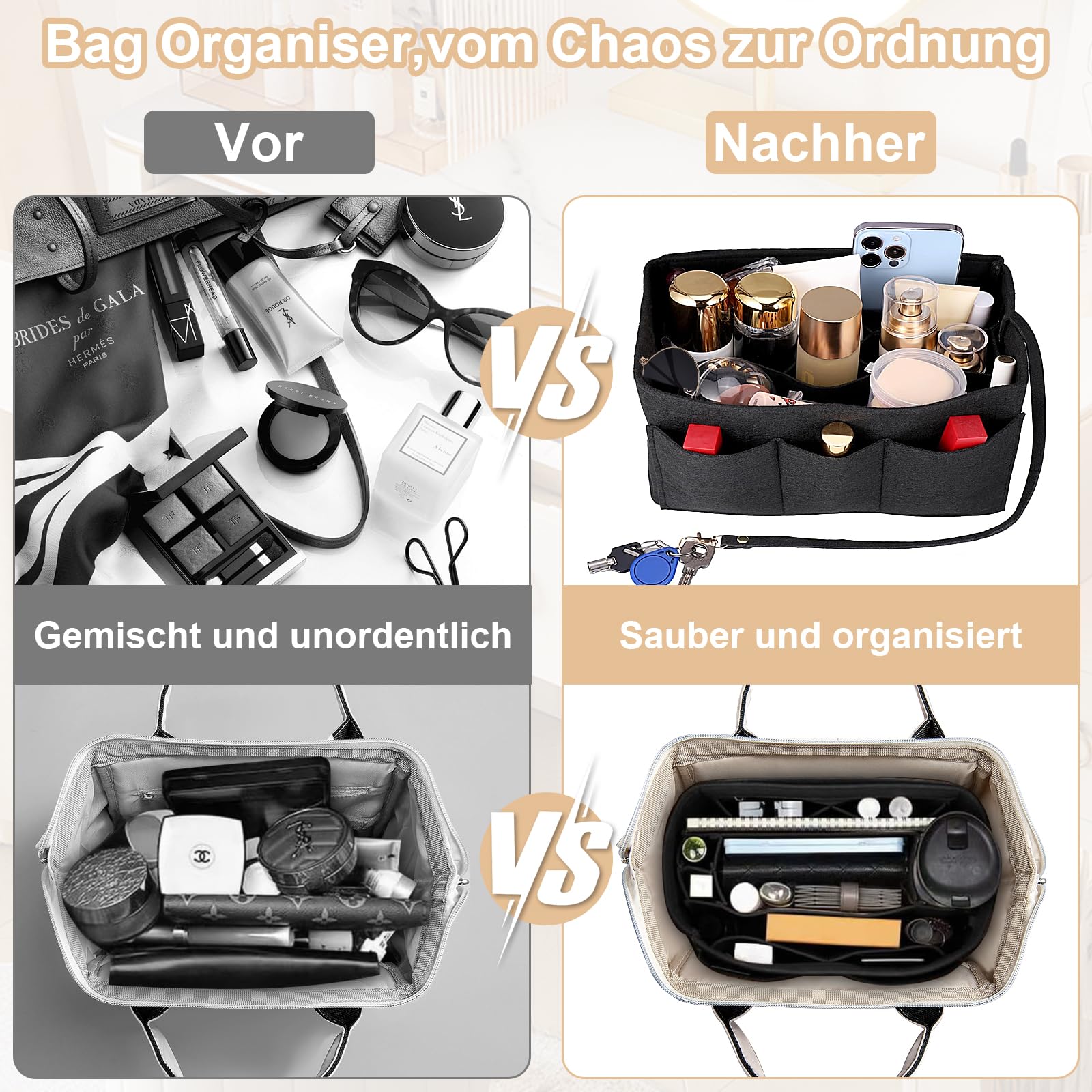 Swetfela Organizzatore Per Borsa In Feltro 2 Pezzi, 30x17x16 Cm, Nero+Beige, Con Multi-tasche E Portachiavi - Accessorio Rimovibile
