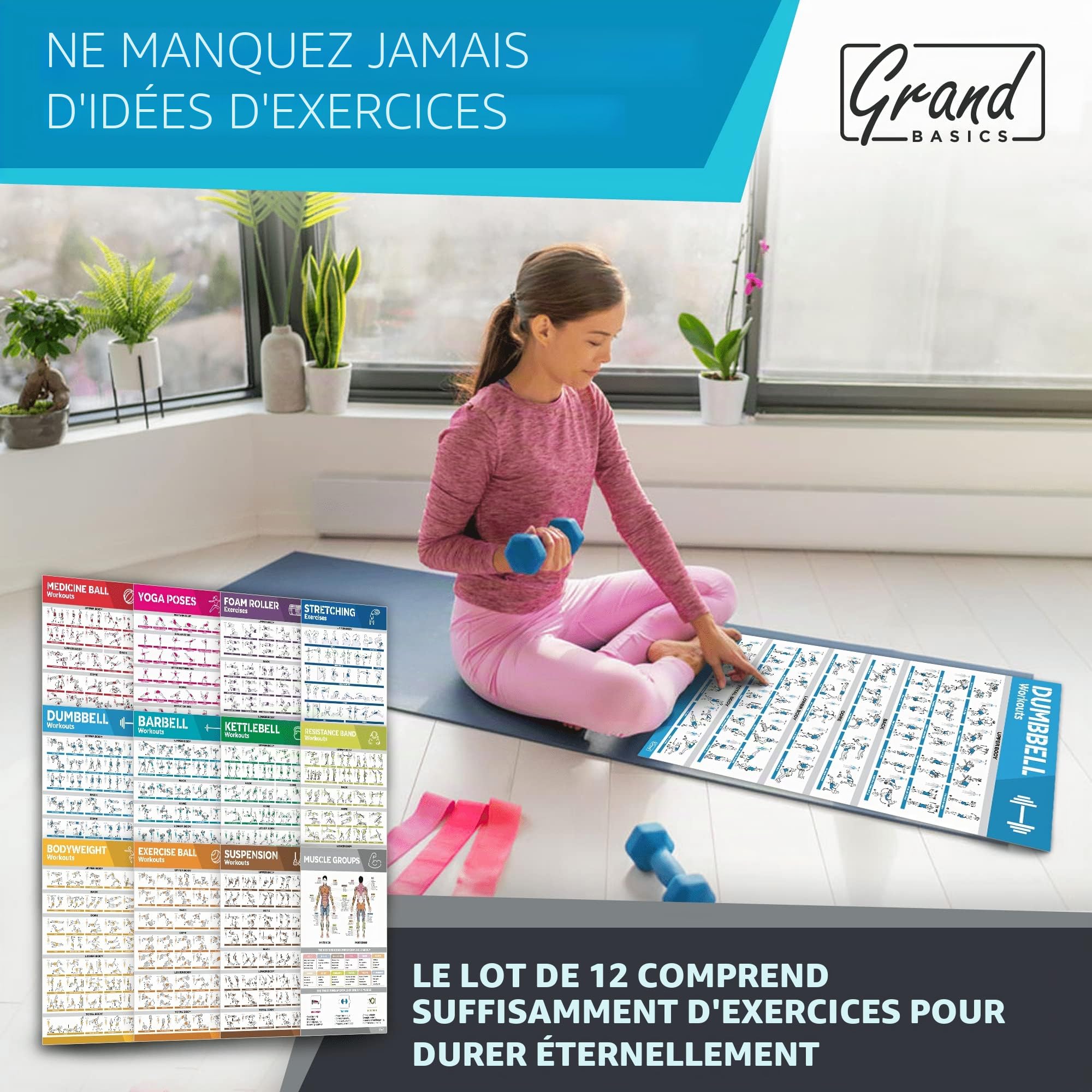 Ensemble de 12 grands posters d'entraînement plastifiés pour la salle de sport à domicile, tableaux d’exercices avec haltères, postures de yoga, bande de résistance, kettlebell, étirements