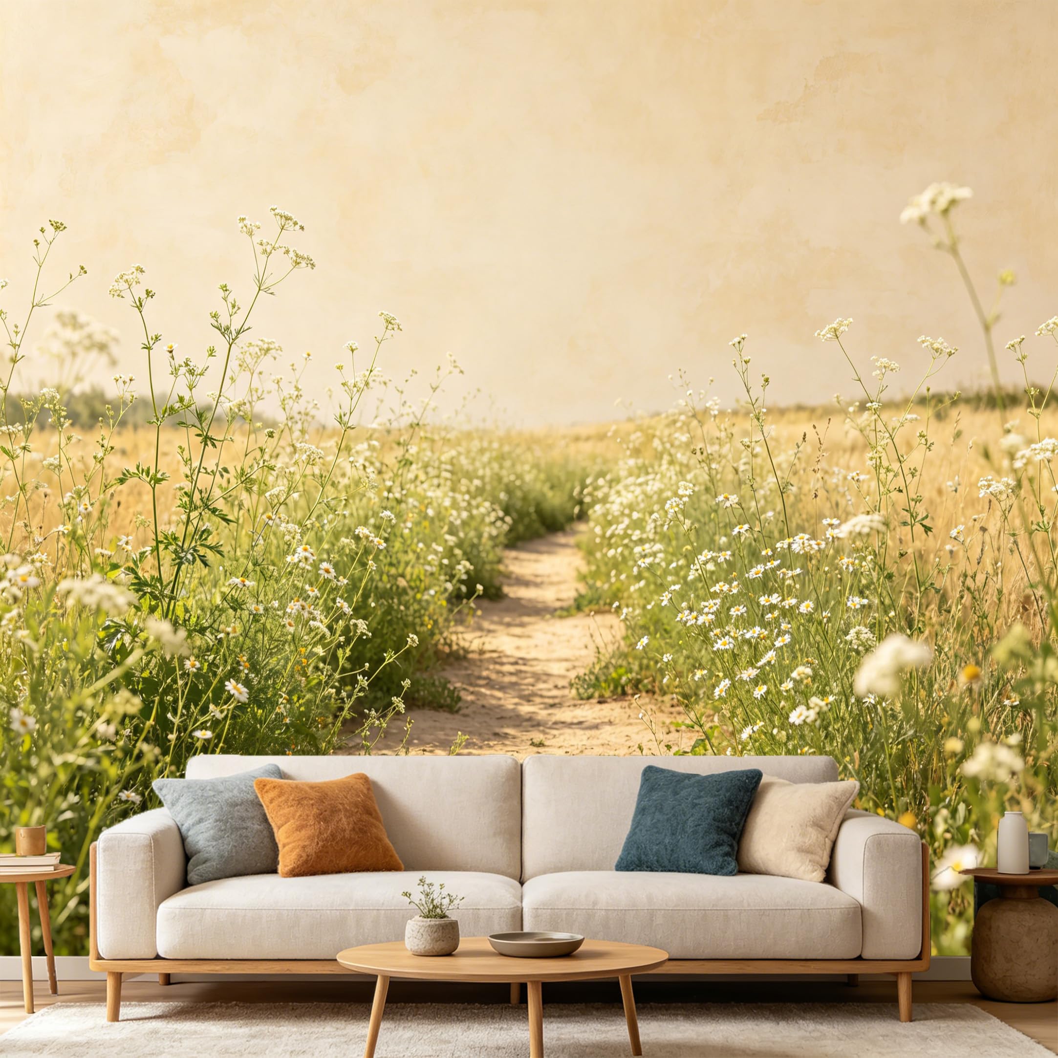 Custom Size Wall Mural Vintage Farmhouse Wildflower Meadow Path Botanical Oil Painting Landscape SelfAdhesive Art Prints wall Fabric（No PVC） Removable Wallpaper Home Bedroom Decor