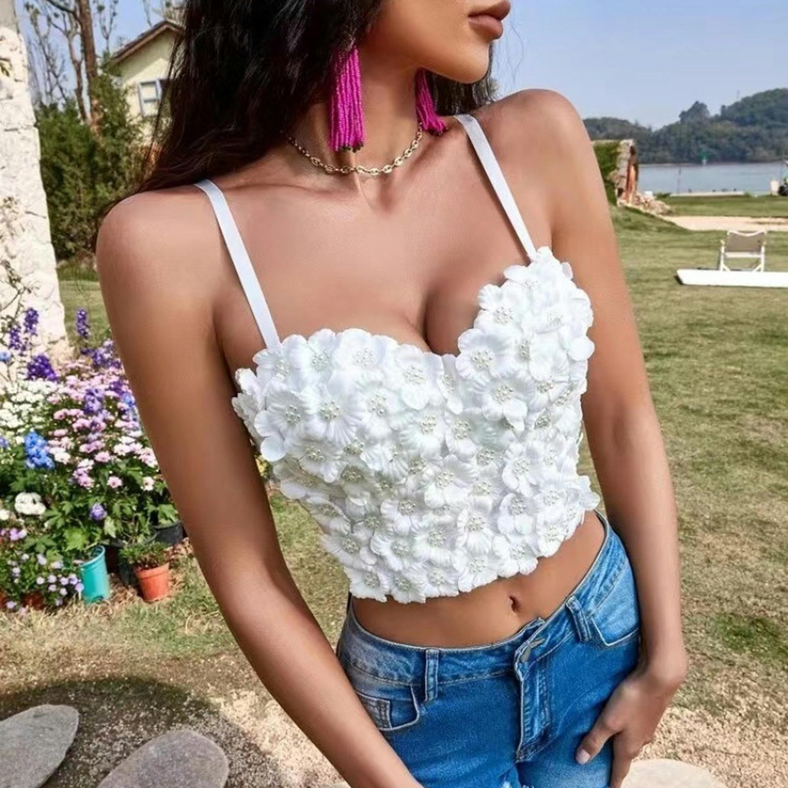 Abbigliamento Esterno Personalizzato con Top Tubolare, Fiore Tridimensionale Fatto a Mano con Perline, Piccolo Reggicalze per l'industria Pesante, da Donna, per Avvolgere Il petto-bianco-36B