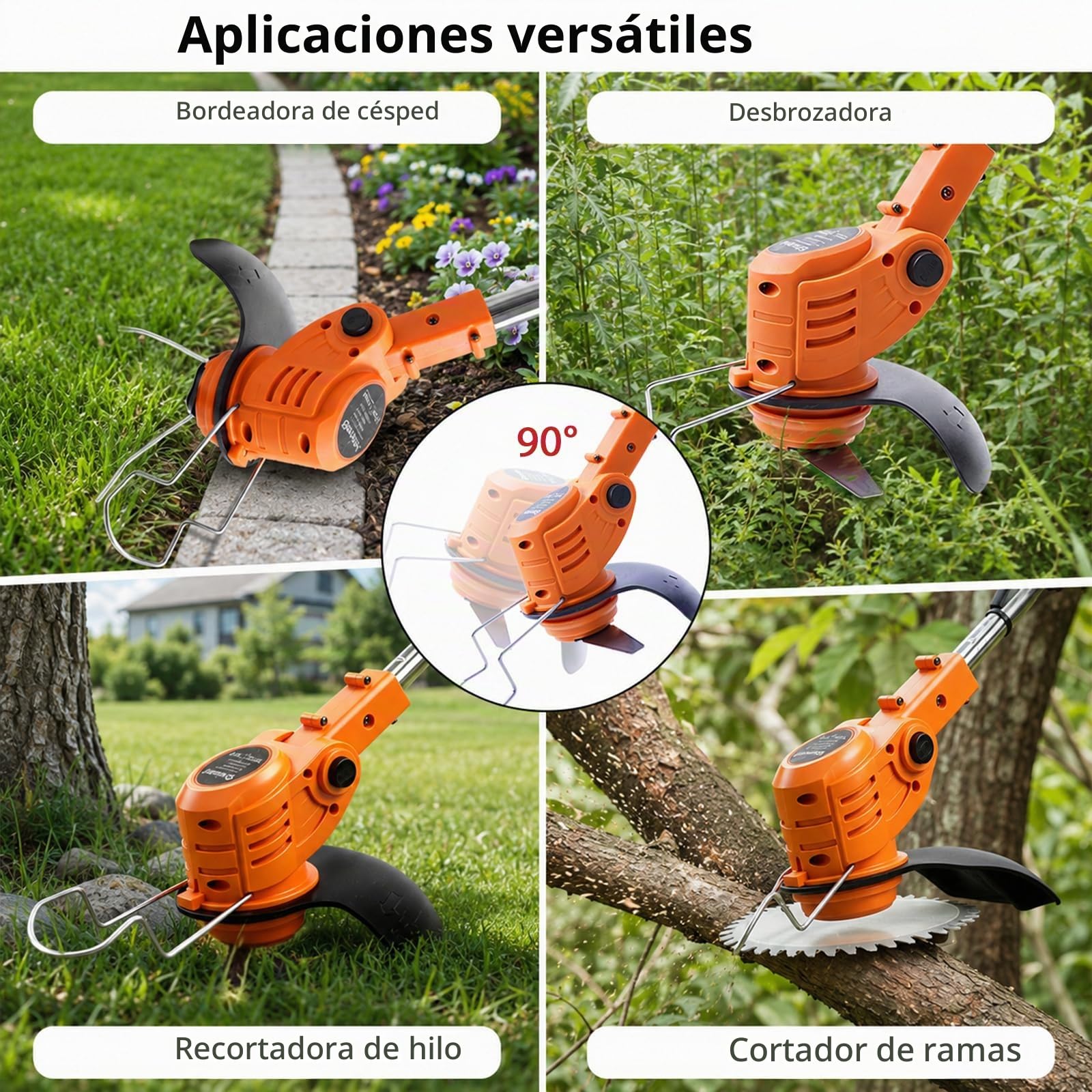 Desbrozadora a Batería 21V, Desbrozadora Eléctrica Sin Cable 4 en 1 con 2 Baterías 2000mAh, Cortabordes Eléctrico Potente 850W 9500RPM para Jardín, Césped y Maleza