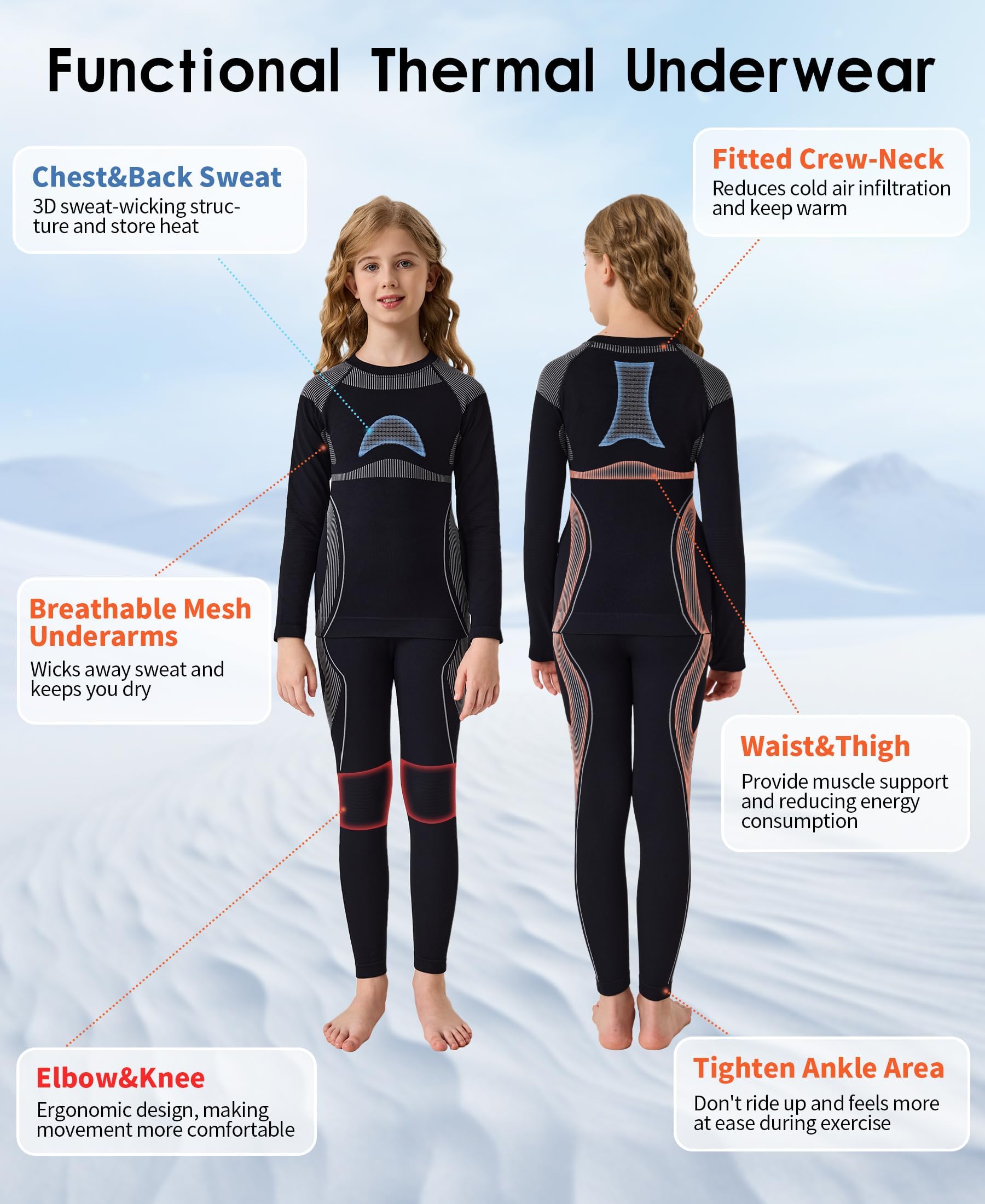 beautyin Ropa interior térmica sin costuras para niños, atlética, capa base larga, para niñas y niños, con agujero para el pulgar