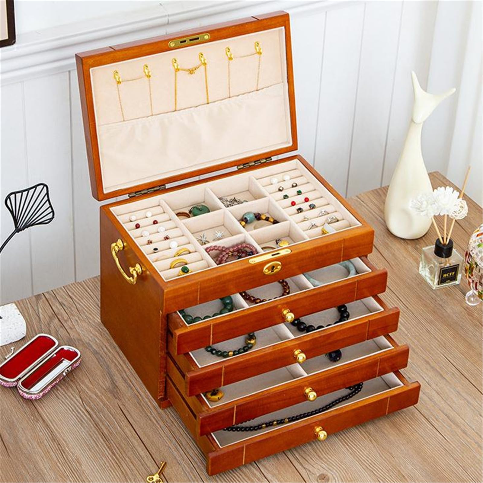 Joyero para Mujer Caja de almacenamiento joyería madera maciza vintage Collar Anillo Pendiente Organizador de Madera