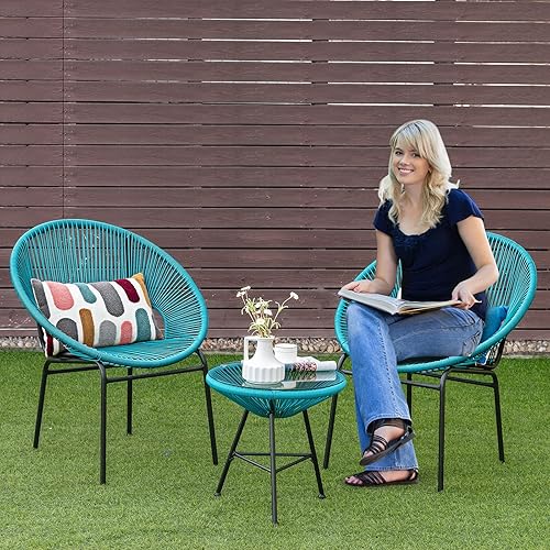 Miniatura 4 de Tangkula Juego de 3 muebles de patio al aire libre, juego de sillas Acapulco con cuerda de plástico, mesa de vidrio templado, juego de bistró para