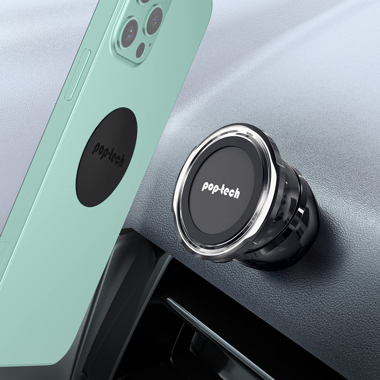 pop-tech Ball Magnetic Car Phone Holder, Universal All-Metal Magnet Car Mount for Cell Phone Dashboard GPS with 4 Metal Plates & Mini Size& 360° Rotation for iPhone, Tablet, Socket Grip,Mobile Device