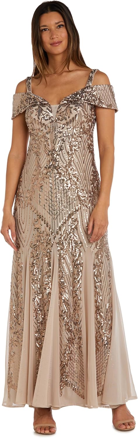 R&M Richards Women's Beaded Gown - Off The Shoulder Portrait Neckline Formal Evening Dress W/Cap Sleeves