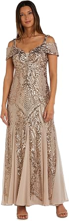 R&M Richards Womens Beaded Gown - Off the Shoulder Portrait Neckline Formal Evening Dress W/Cap Sleeves