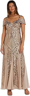 R&M Richards Women's Beaded Gown - Off the Shoulder Portrait Neckline Formal Evening Dress W/Cap Sleeves