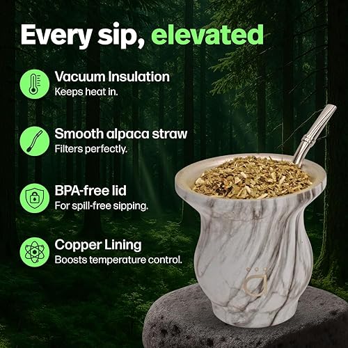 Vista 2 de Kalmateh Modern Yerba Mate Gourd - Doble pared 18/8 de acero inoxidable - Incluye bombilla y un cepillo de limpieza - 9 oz, 9.1 fl oz (mármol)