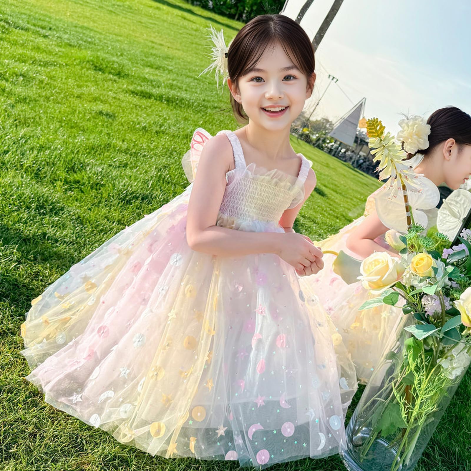 Vestito Elegante Estivo Senza Maniche per Bambina,Vestito Cerimonia Bambina in Tulle per Nozze,Damigella e Feste di Compleanno,con Scatola Regalo,Abito da Principessina per 4-8 Anni