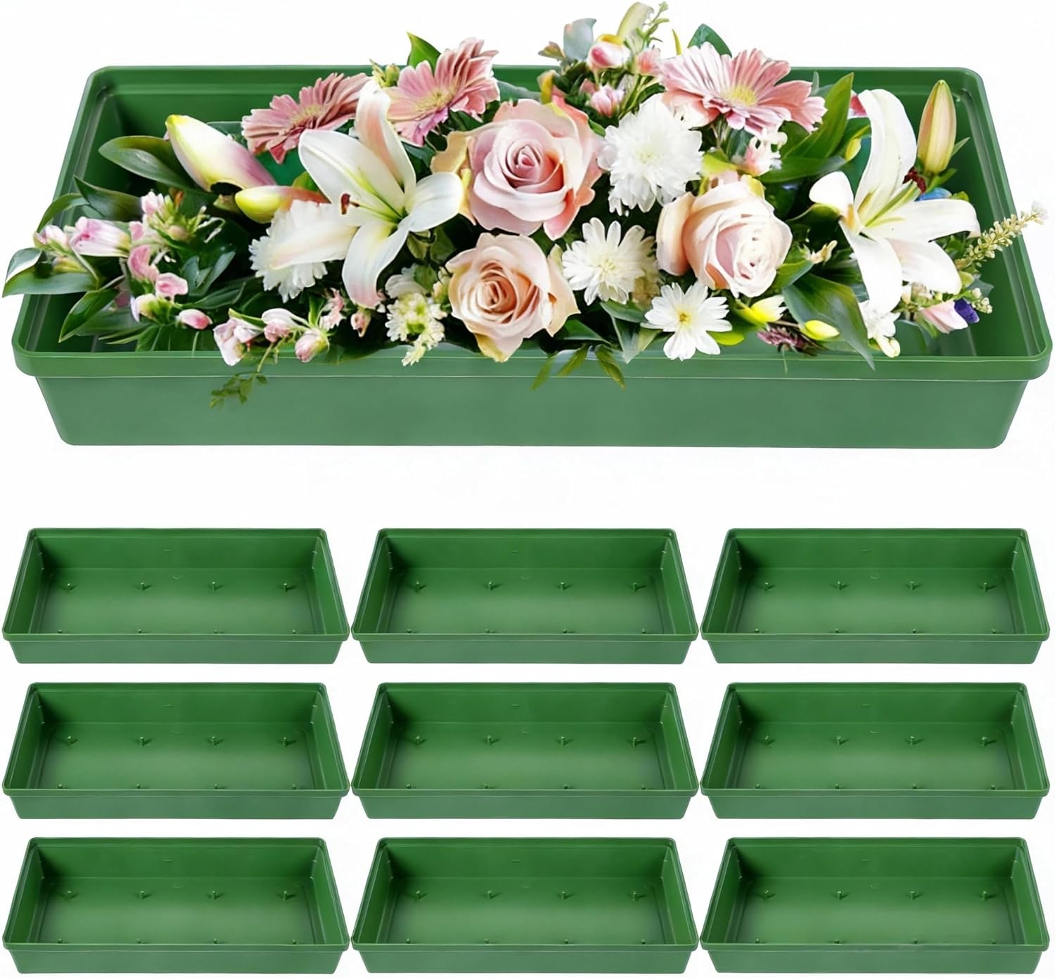 10Pcs Green Plastic Floral Foam Trays, Rectangular Flower Arrangement Bases Rectangle Floral Foam Tray for Table Party Wedding Festival Flower Decor