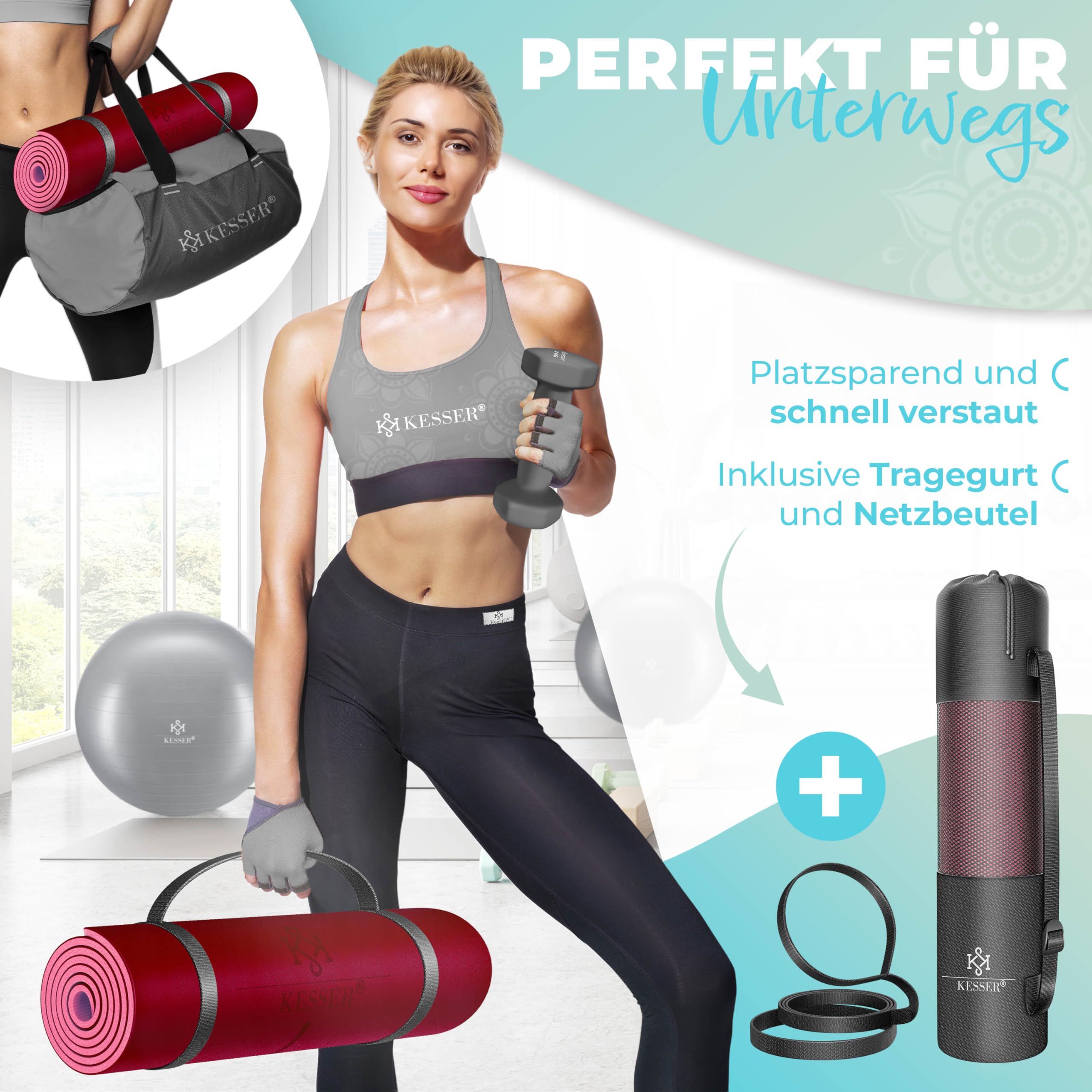 KESSER® Esterilla de gimnasia con correa de transporte, esterilla de yoga de TPE, acolchada y antideslizante, 183 x 61, esterilla de para deportes de fitness, Pilates y gimnasia