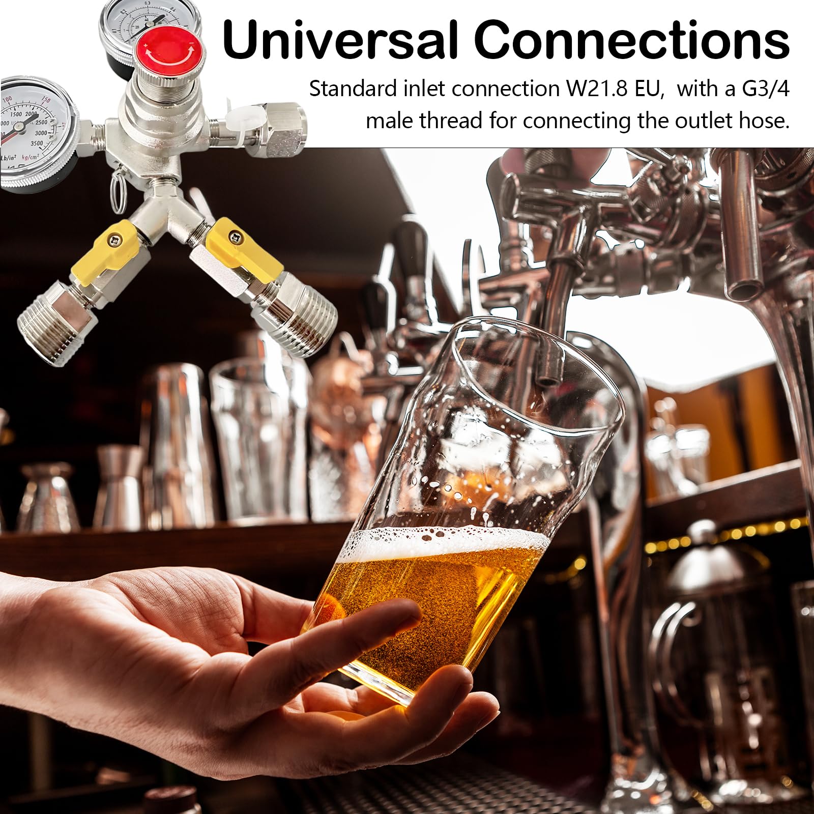 Reducteur de Pression, Détendeur Bière en Laiton avec Manomètres Doubles Régulateur de Pression CO2 avec Filetage D'entrée W 21,8 Filetage à Droite 1/14 Filetage Extérieur G3/4 pour Brassage de Bière