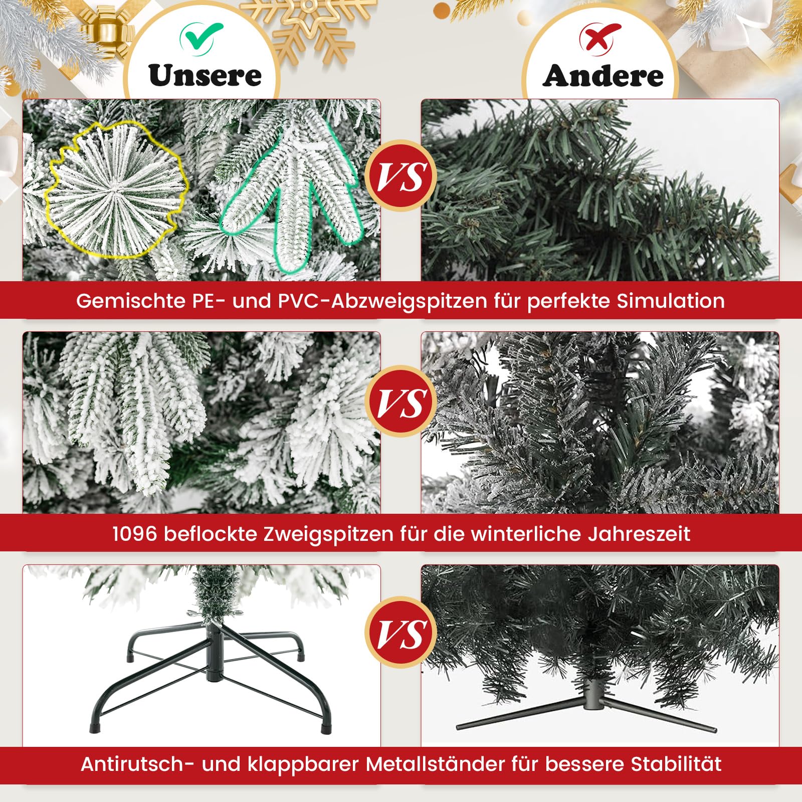 COSTWAY 210 cm Künstlicher Weihnachtsbaum mit Schnee und Beleuchtung, Tannenbaum mit 300 Warmweißen LED-Lichtern, 1096 gemischten Zweigspitzen, Christbaum, Kunstbaum Weihnachten für Zuhause, Grün