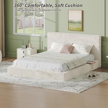 Queen Cloud Bed Frame with Headboard & Sliding Side Trays, Upholstered Platform Bed Frame with Floating Base Design, 5Cloud Upholstered Sponge Cushion, No Box Spring Needed, Off-White Soft Bed Frame