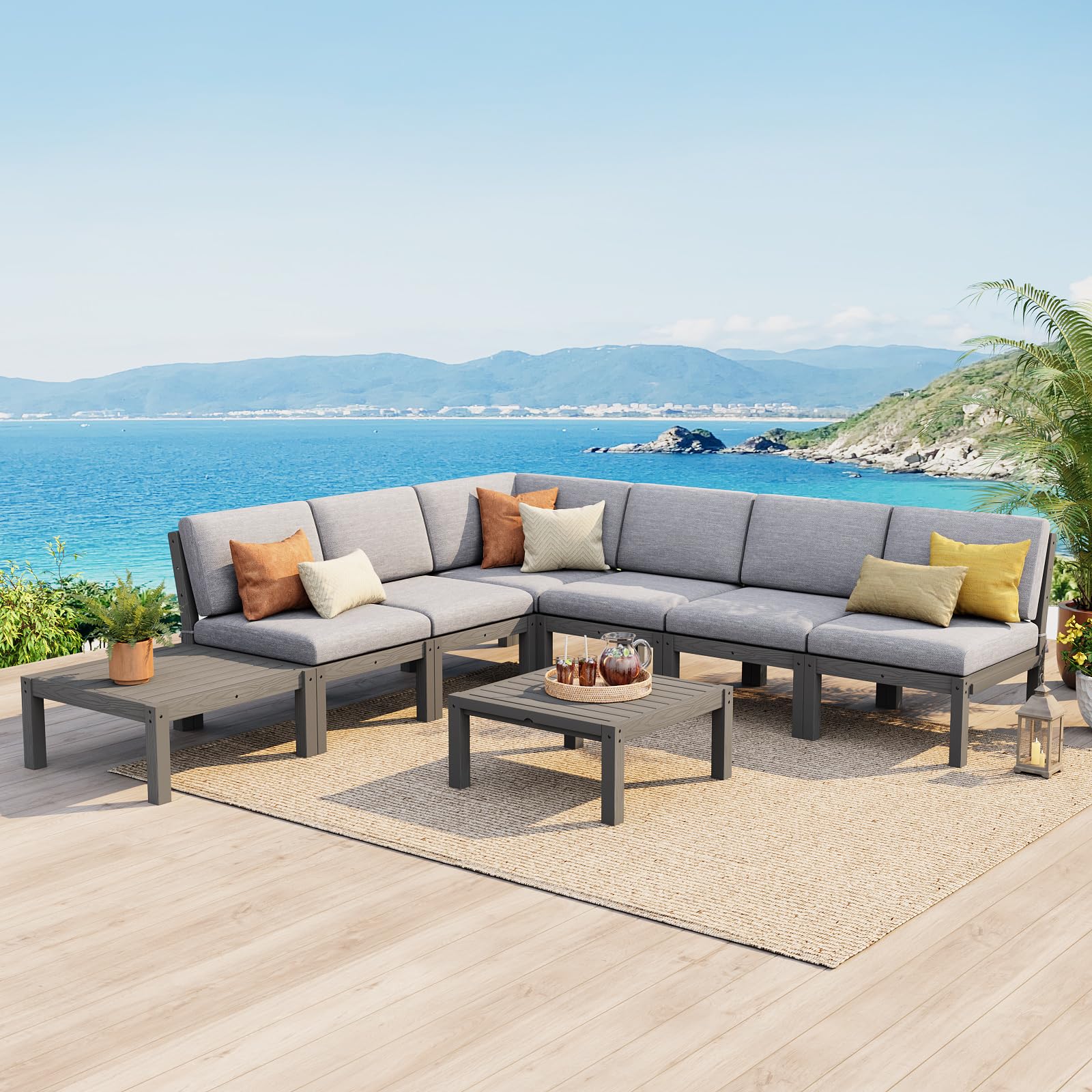 Stoog Modular L-Shaped Sectional Sofa Set, 8-Piece All-Weather Patio Furniture - Waterproof HIPS Frame &amp; Quick-Dry Olefin Cushions, Grey