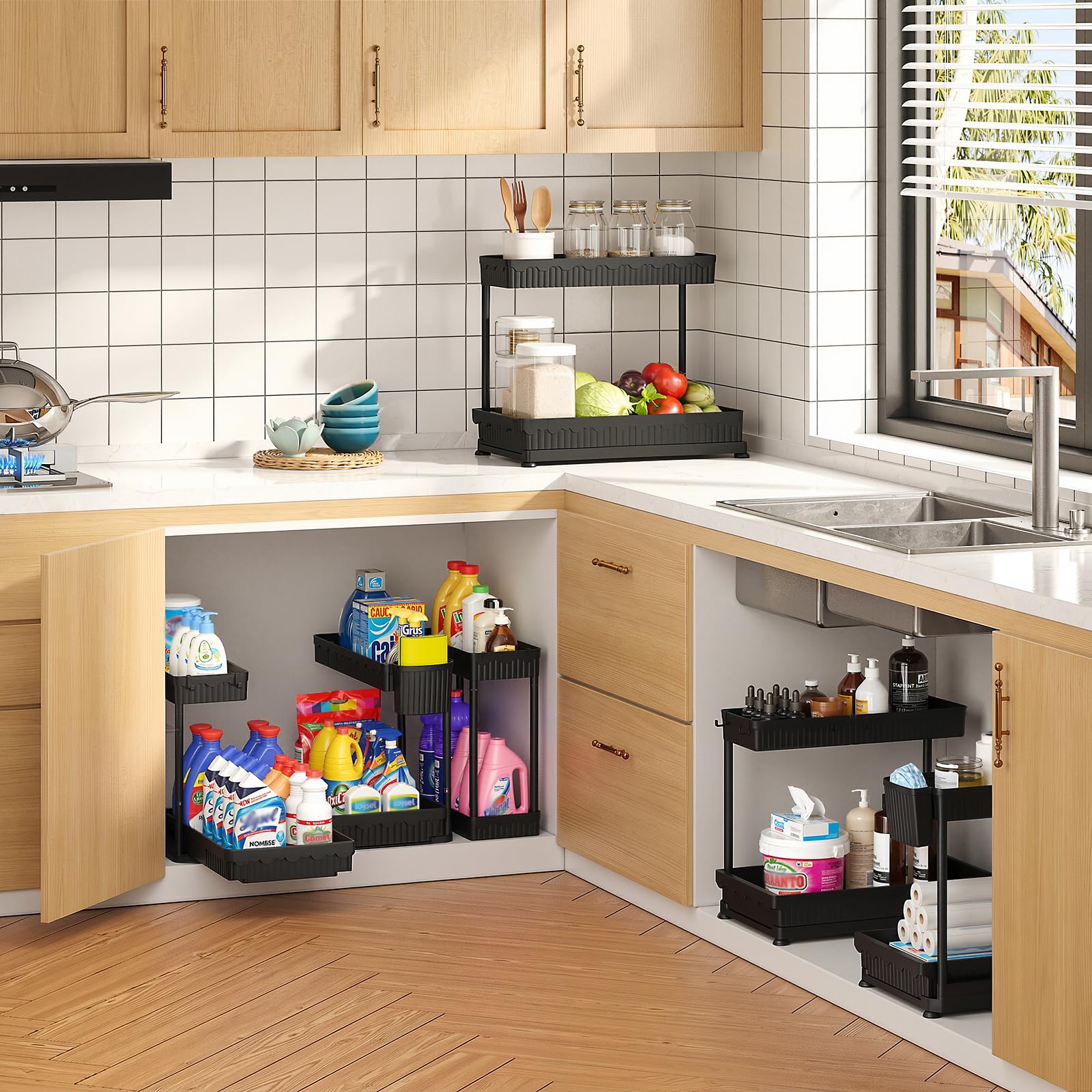 Sevenblue Paquete de 3 organizadores de almacenamiento extraíbles multiusos, organizadores de 2 niveles en forma de L para debajo del fregadero/armario y almacenamiento para baño y cocina, (negro