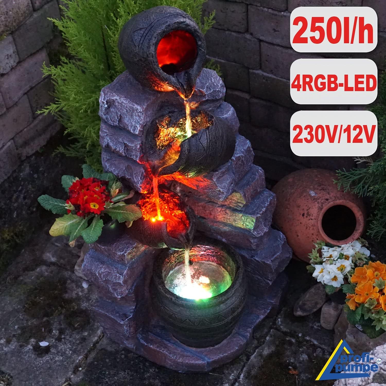 Características de Agua de jardín – Cascada, diseño de Piedra de Cascada, Fuente de Agua con LED y luz amistosa con el Medio Ambiente, para jardín, hogar y balcón, Fuente Ornamental