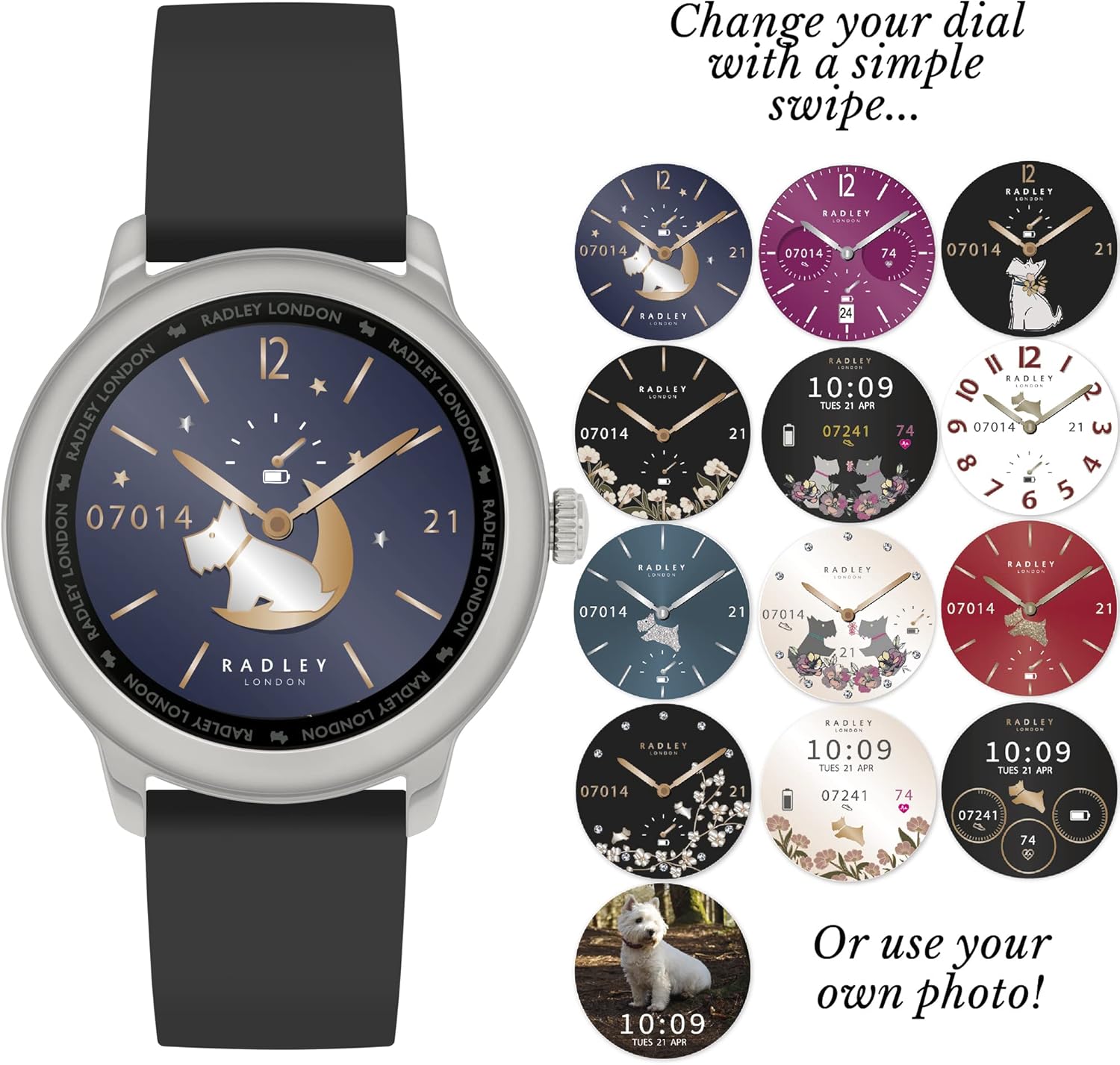 Radley Series 7 Smartwatch demonstrating various customizable watch faces.