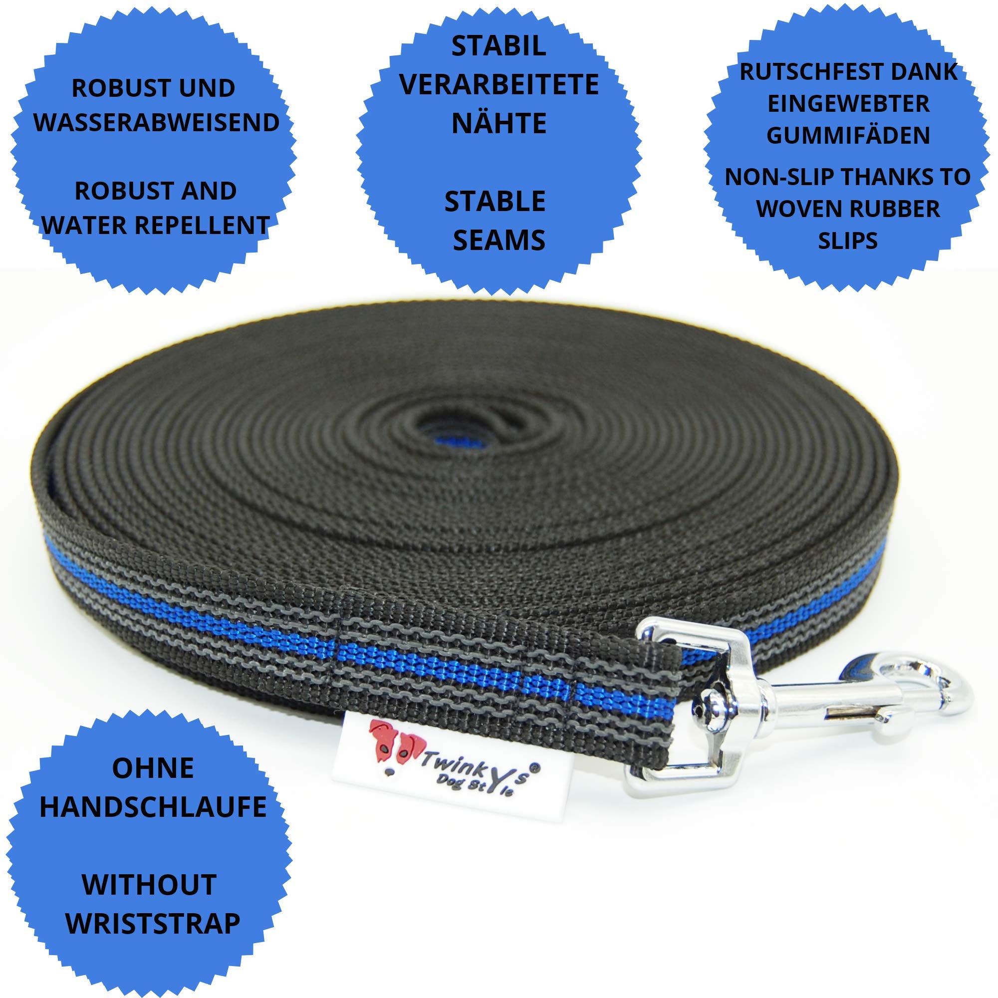 Smycz dla psa w stylu psa, gumowana, szerokość 20 mm, dla psów do 50 kg, bez paska na rękę, 50 m, czarno-niebieska, Made in Germany