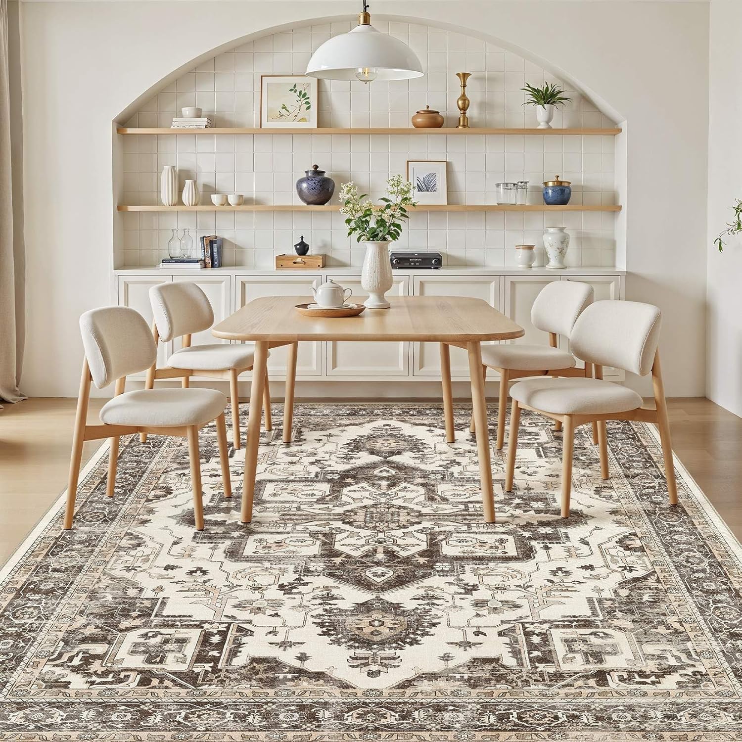 5x7 Washable Area Rugs for Living Room, Large Rug Non Slip Backing Vintage Distressed Stain Resistant Soft Low Pile Indoor Carpet for Bedroom Dining Room Kid & Pet Friendly-Dark Brown