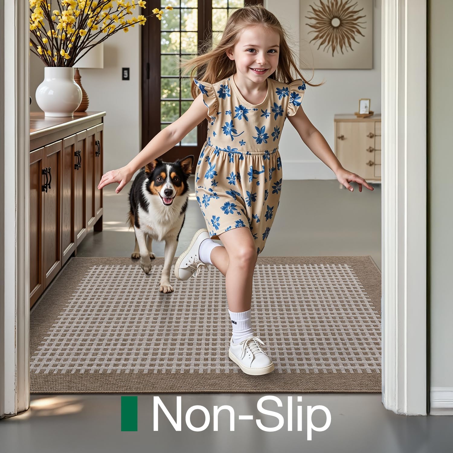 LUMI Inside Door Mat for Entry 30''x48'', Absorbent, Dirt Trapper, Low Profile Thin, Non Slip Mats with Rubber Backing, Ideal for Indoor, High Traffic, Garage, Entrance, Checkered Beige