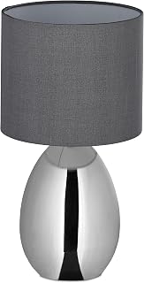 Relaxdays Tischlampe, Metallfuß, Stoffschirm, E14, HxD: 33,5x18 cm, Nachttischlampe mit Kabel, Schlafzimmer, Silber/grau