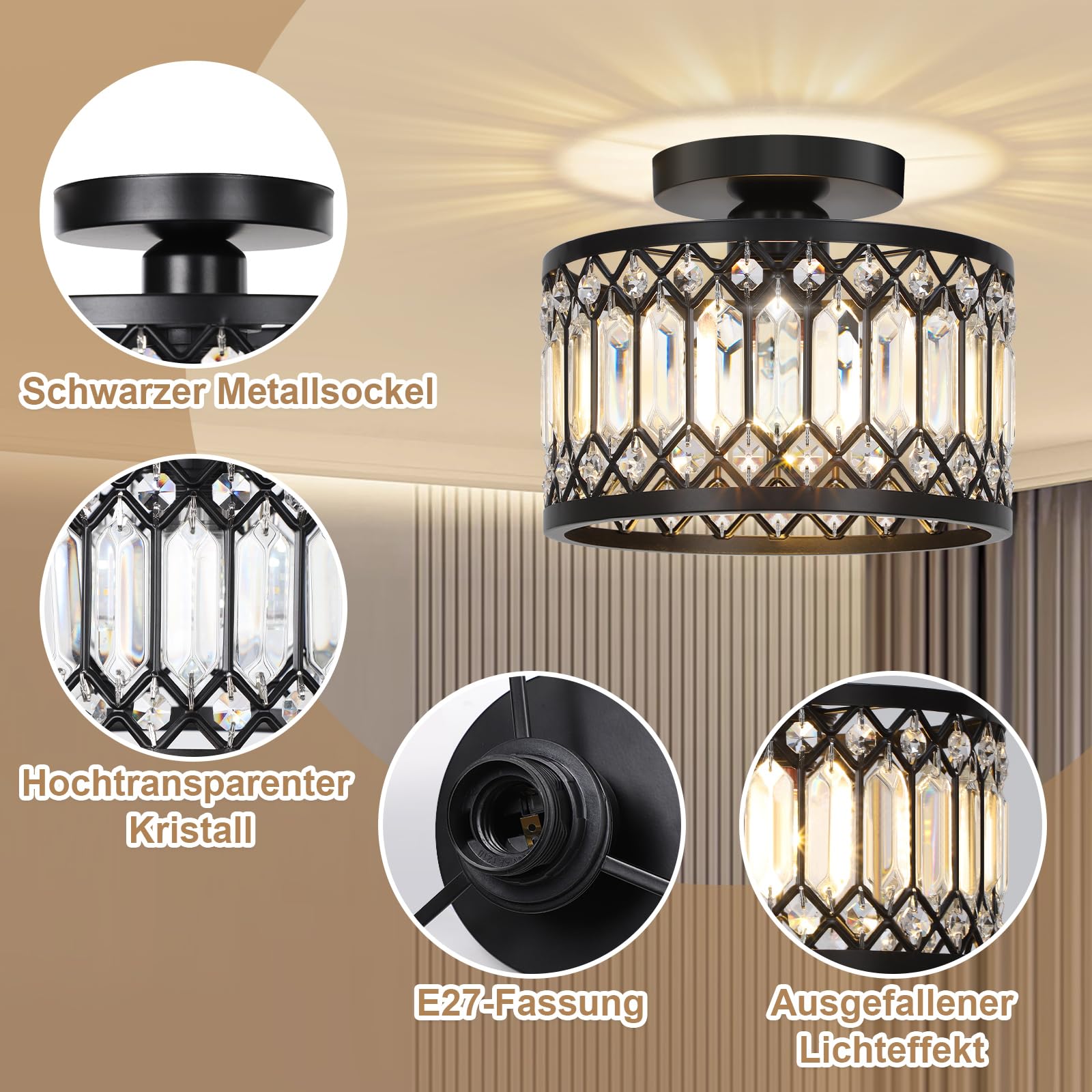 SERBASIC Crystal Ceiling Lights Living Room Chandeliers with Dimmable Bulb,3 Color Changing Black Ceiling Light Fixture with E27 Base for Hallway,Kitchen,Dining Room,Bedroom - Image 3