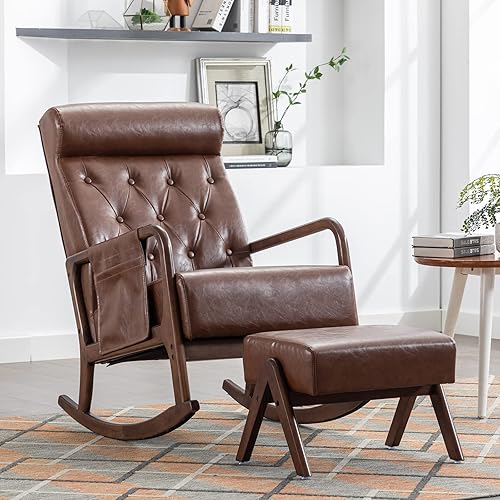 Wlvos Mecedora con otomana, moderna silla mecedora tapizada de poliuretano de mediados de siglo, silla mecedora con cojín acolchado grueso, respaldo
