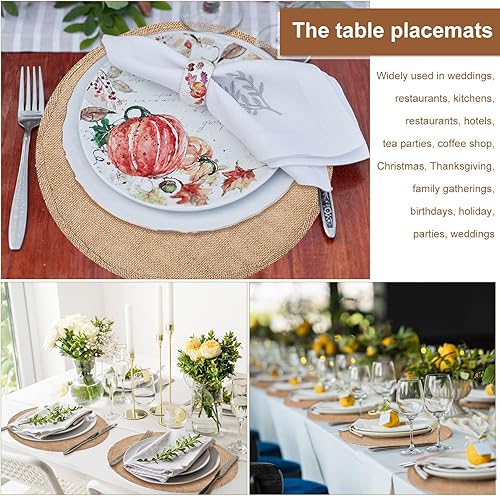 Miniatura 6 de Juego de 48 manteles individuales redondos de arpillera a granel, decoraciones rústicas de mesa de yute para granja, manteles individuales