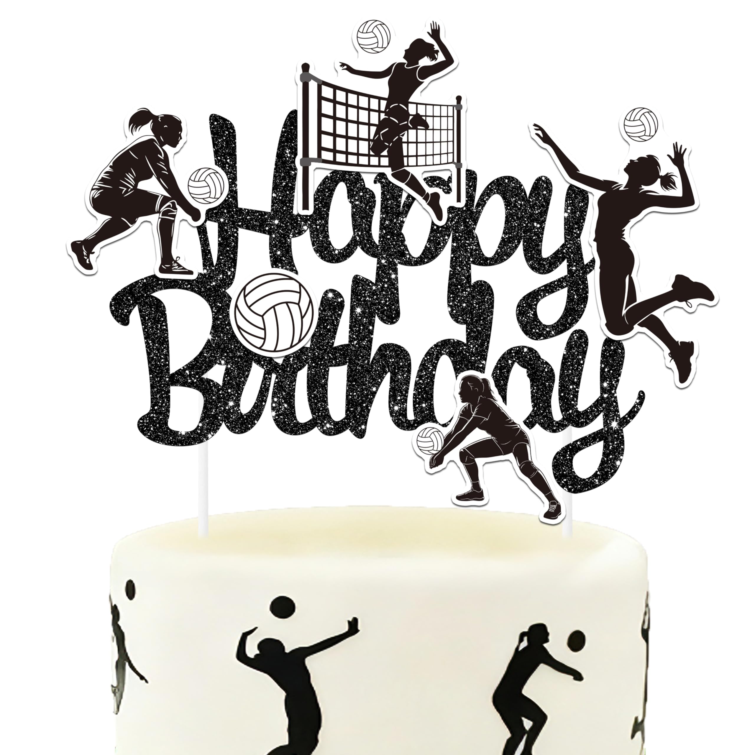 Glitter Black Volleyball Cake Topper, Happy Birthday Theme Party Decoration, Sports Cake Decor for Girls Celebration